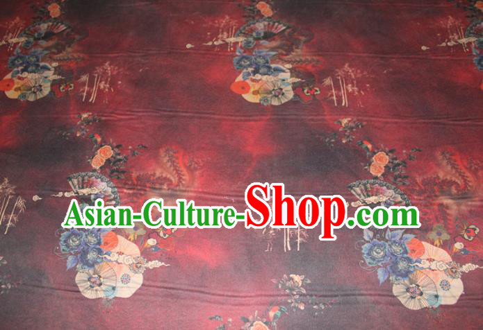 Chinese Traditional Wine Red Gambiered Guangdong Gauze Cheongsam Satin Fabric Classical Roses Pattern Silk Drapery
