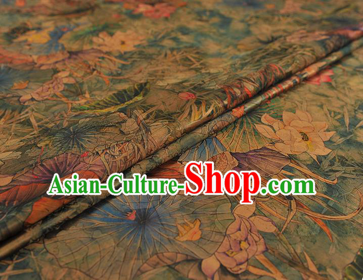 Chinese Classical Lotus Pattern Silk Jacquard Drapery Traditional Gambiered Guangdong Gauze Cheongsam Green Satin Fabric