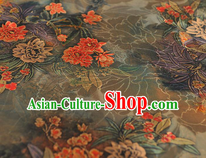 Chinese Classical Flowers Pattern Silk Drapery Traditional Gambiered Guangdong Gauze Cheongsam Light Green Satin Fabric