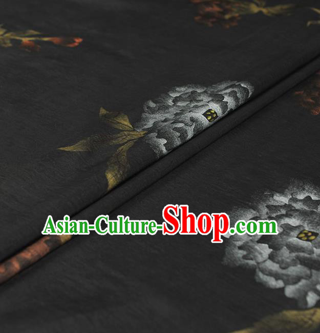 Chinese Classical Frottage Peony Pattern Silk Drapery Cheongsam Black Satin Fabric Traditional Gambiered Guangdong Gauze