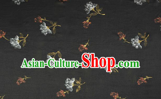 Chinese Cheongsam Black Satin Fabric Traditional Gambiered Guangdong Gauze Classical Frottage Flowers Pattern Silk Drapery