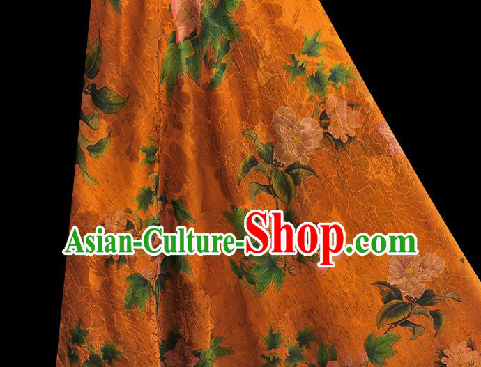 Chinese Cheongsam Orange Satin Fabric Traditional Gambiered Guangdong Gauze Classical Peony Pattern Silk Jacquard Drapery