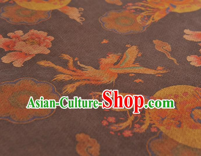 Chinese Classical Phoenix Peony Pattern Gambiered Guangdong Gauze Cheongsam Silk Fabric Traditional Brown Silk Drapery