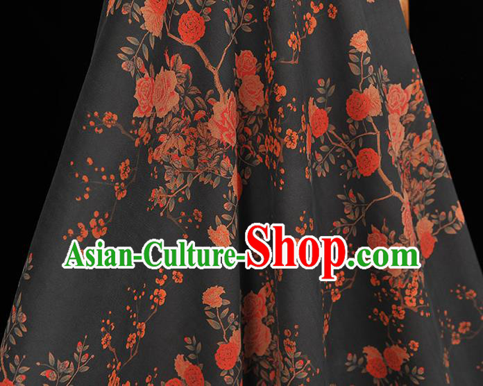 Chinese Classical Roses Pattern Gambiered Guangdong Gauze Cheongsam Silk Fabric Traditional Black Silk Drapery