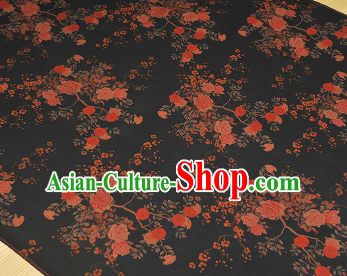 Chinese Classical Roses Pattern Gambiered Guangdong Gauze Cheongsam Silk Fabric Traditional Black Silk Drapery