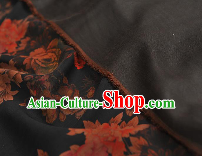 Chinese Cheongsam Black Silk Fabric Classical Peony Pattern Gambiered Guangdong Gauze Traditional Silk Drapery