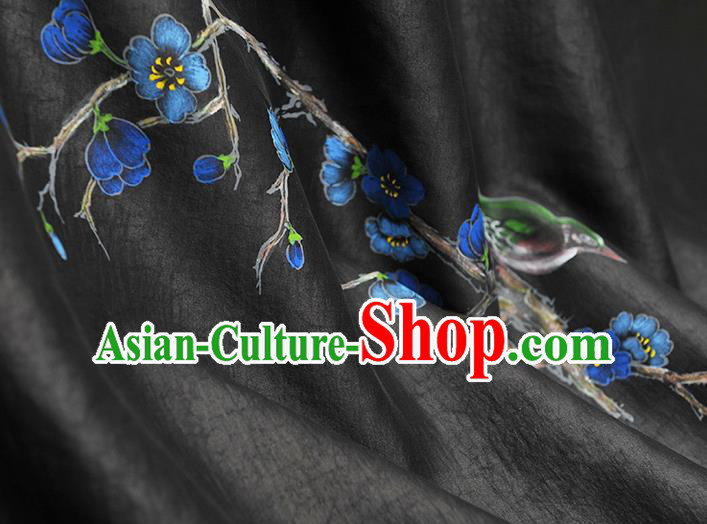 China Classical Printing Plum Bird Pattern Silk Fabric Traditional Black Jacquard Satin Cheongsam Cloth