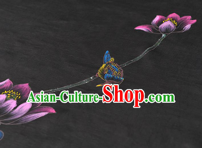 China Classical Printing Lotus Pattern Silk Fabric Traditional Black Jacquard Satin Cheongsam Cloth