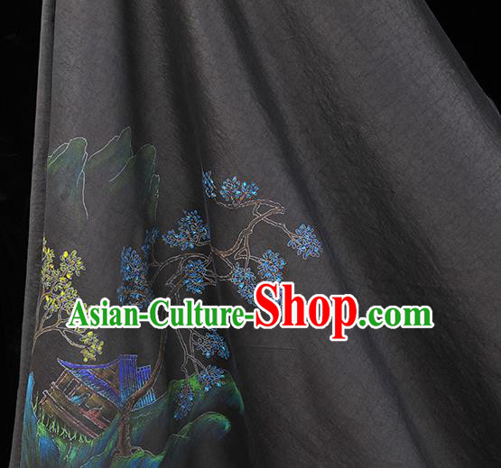China Classical Printing Pavilion Pattern Silk Fabric Traditional Cheongsam Cloth Black Jacquard Satin