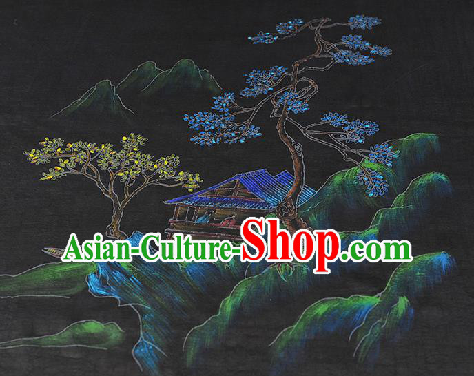 China Classical Printing Pavilion Pattern Silk Fabric Traditional Cheongsam Cloth Black Jacquard Satin