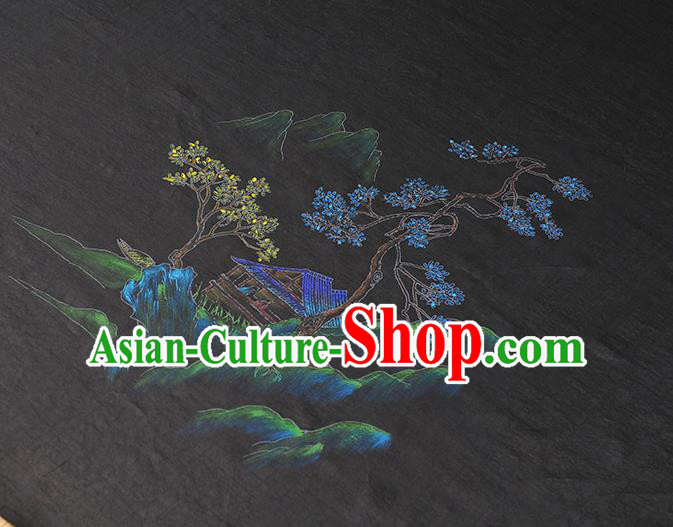 China Classical Printing Pavilion Pattern Silk Fabric Traditional Cheongsam Cloth Black Jacquard Satin