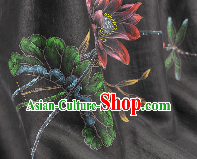 China Traditional Cheongsam Cloth Black Jacquard Satin Classical Printing Lotus Dragonfly Pattern Silk Fabric