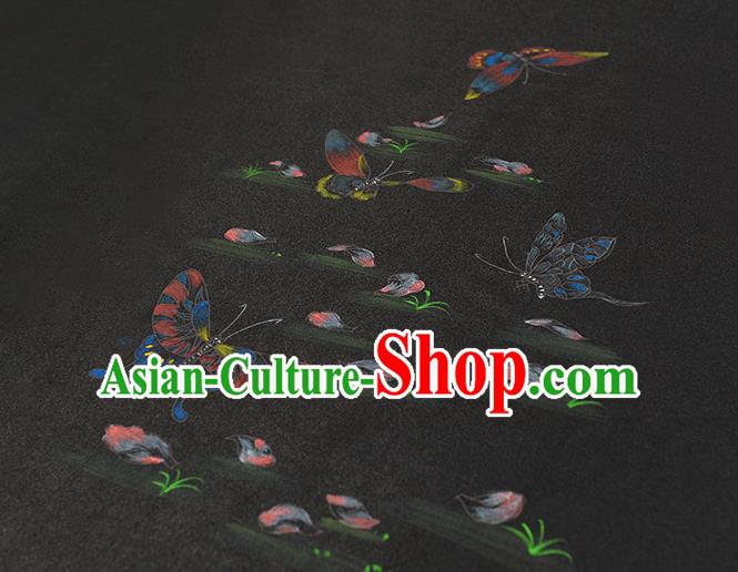 China Black Jacquard Satin Traditional Cheongsam Cloth Classical Printing Butterfly Pattern Silk Fabric