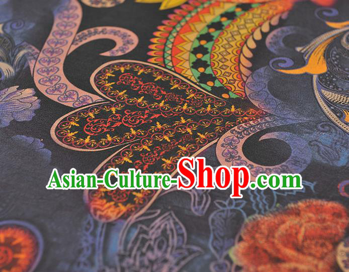 Chinese Cheongsam Cloth Fabric Traditional Navy Silk Drapery Classical Lotus Pattern Gambiered Guangdong Gauze