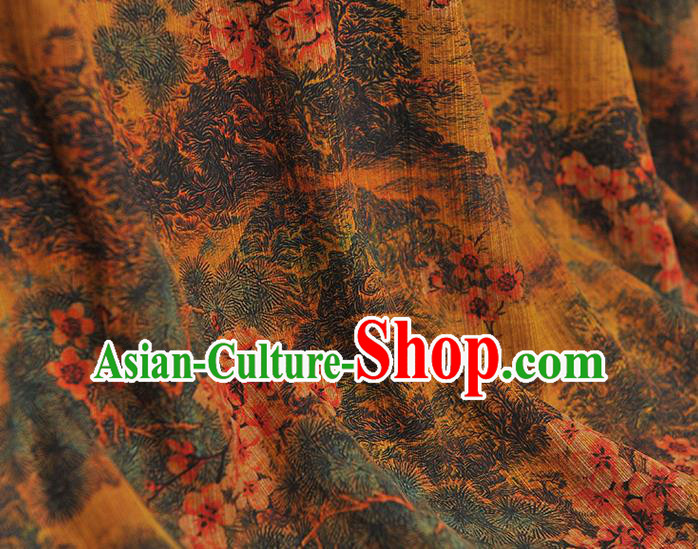 Chinese Cheongsam Yellow Cloth Fabric Traditional Silk Drapery Classical Vast Land Pattern Gambiered Guangdong Gauze