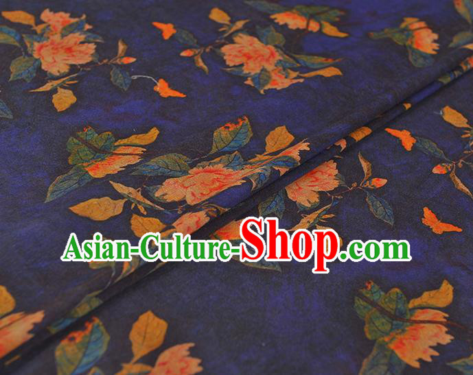 Chinese Cheongsam Blue Cloth Fabric Traditional Classical Peony Pattern Gambiered Guangdong Gauze Silk Drapery
