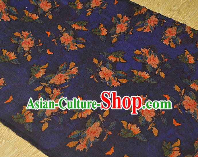 Chinese Cheongsam Blue Cloth Fabric Traditional Classical Peony Pattern Gambiered Guangdong Gauze Silk Drapery