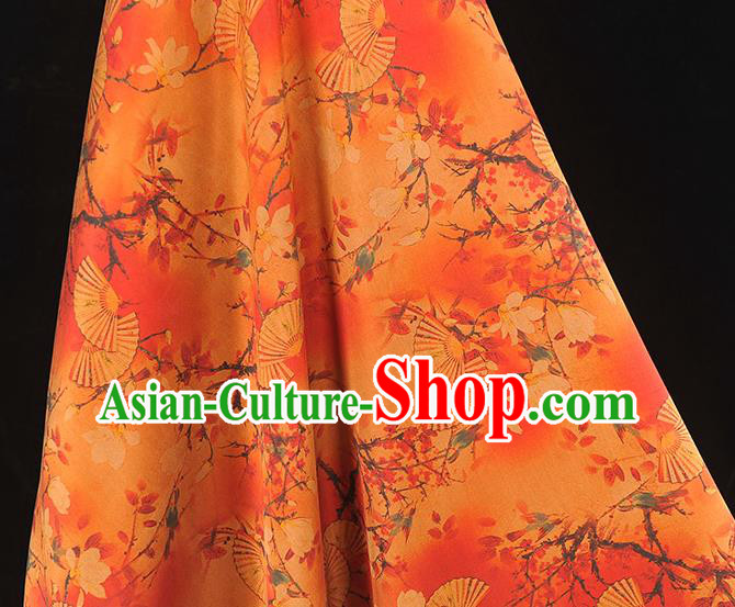 Chinese Cheongsam Orange Cloth Fabric Traditional Classical Mangnolia Fan Pattern Gambiered Guangdong Gauze Silk Drapery