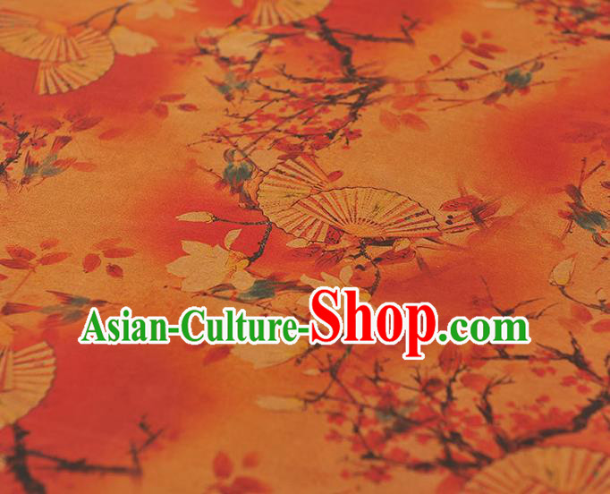 Chinese Cheongsam Orange Cloth Fabric Traditional Classical Mangnolia Fan Pattern Gambiered Guangdong Gauze Silk Drapery