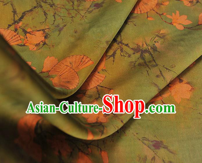 Chinese Traditional Classical Mangnolia Fan Pattern Gambiered Guangdong Gauze Silk Drapery Cheongsam Green Cloth Fabric