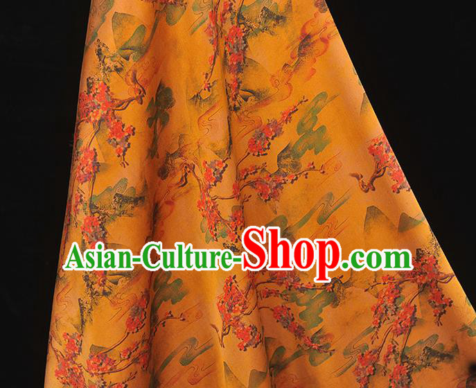 Chinese Traditional Classical Plum Pattern Orange Satin Silk Drapery Cheongsam Green Cloth Fabric Gambiered Guangdong Gauze