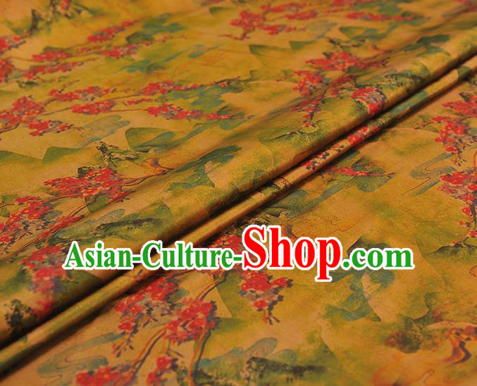 Chinese Cheongsam Cloth Fabric Gambiered Guangdong Gauze Classical Plum Pattern Orange Satin Traditional Yellow Silk Drapery