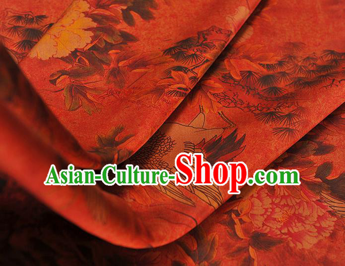 Chinese Red Gambiered Guangdong Gauze Traditional Silk Drapery Cheongsam Cloth Fabric Classical Crane Peony Pattern Satin