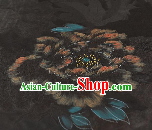 Chinese Black Gambiered Guangdong Gauze Traditional Silk Drapery Cheongsam Cloth Fabric Classical Peony Pattern Satin