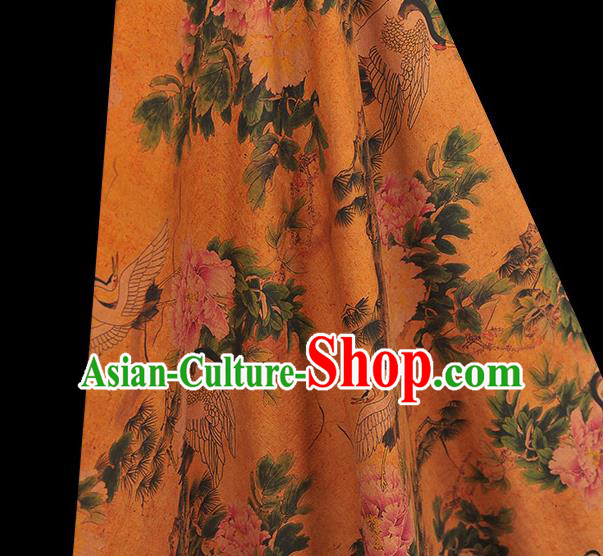 Chinese Traditional Silk Drapery Cheongsam Cloth Fabric Classical Crane Peony Pattern Satin Orange Gambiered Guangdong Gauze