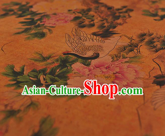 Chinese Traditional Silk Drapery Cheongsam Cloth Fabric Classical Crane Peony Pattern Satin Orange Gambiered Guangdong Gauze