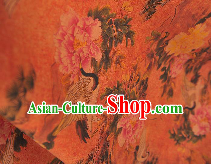 Chinese Traditional Red Silk Drapery Classical Crane Peony Pattern Satin Gambiered Guangdong Gauze Cheongsam Cloth Fabric