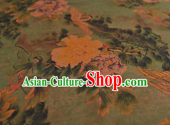 Chinese Classical Crane Peony Pattern Satin Gambiered Guangdong Gauze Cheongsam Cloth Fabric Traditional Green Silk Drapery