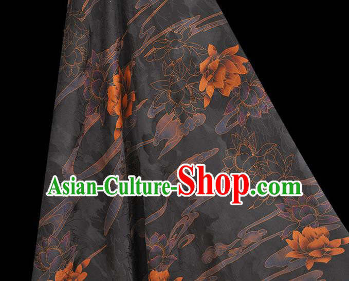Chinese Traditional Cheongsam Cloth Silk Fabric Classical Lotus Pattern Black Jacquard Satin Gambiered Guangdong Gauze