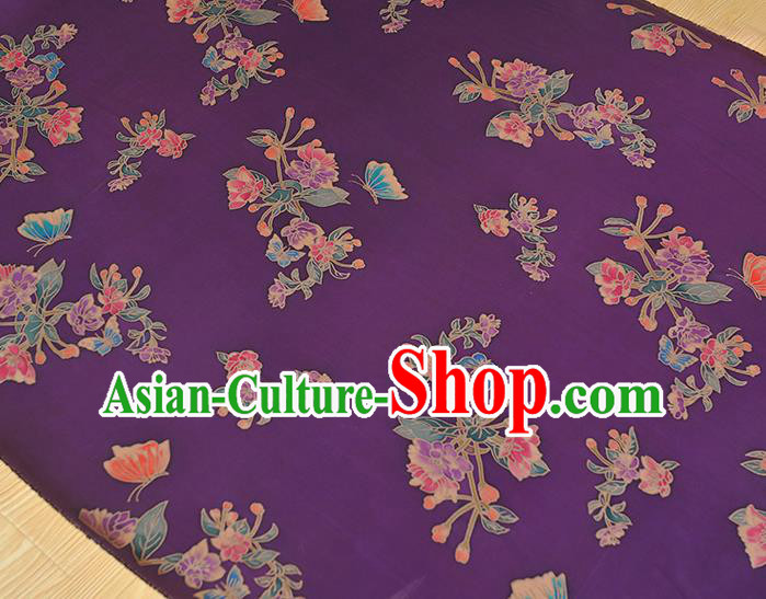 Chinese Classical Butterfly Flowers Pattern Jacquard Satin Traditional Cheongsam Cloth Silk Fabric Purple Gambiered Guangdong Gauze