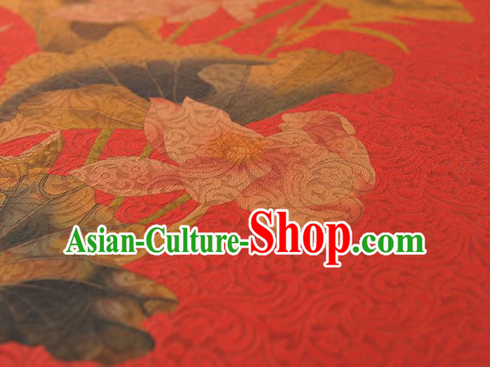 Chinese Traditional Cheongsam Cloth Silk Fabric Classical Lotus Pattern Jacquard Satin Red Gambiered Guangdong Gauze