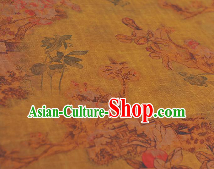 Chinese Yellow Silk Fabric Traditional Cheongsam Cloth Classical Peach Blossom Pattern Gambiered Guangdong Gauze