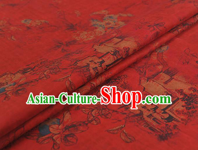 Chinese Traditional Cheongsam Cloth Classical Peach Blossom Pattern Gambiered Guangdong Gauze Red Silk Fabric