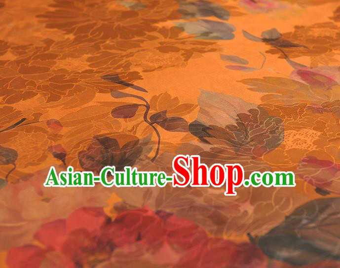 Chinese Traditional Ginger Gambiered Guangdong Gauze Classical Flowers Pattern Silk Fabric Cheongsam Cloth