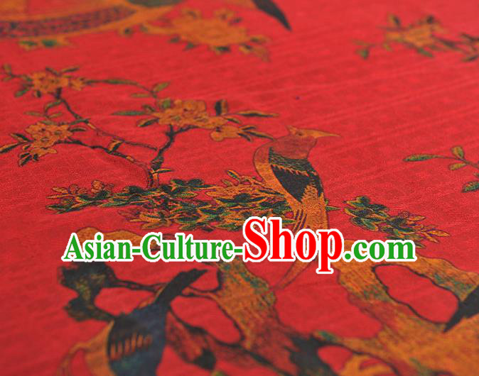 Chinese Classical Begonia Birds Pattern Red Silk Fabric Traditional Gambiered Guangdong Gauze Cheongsam Cloth