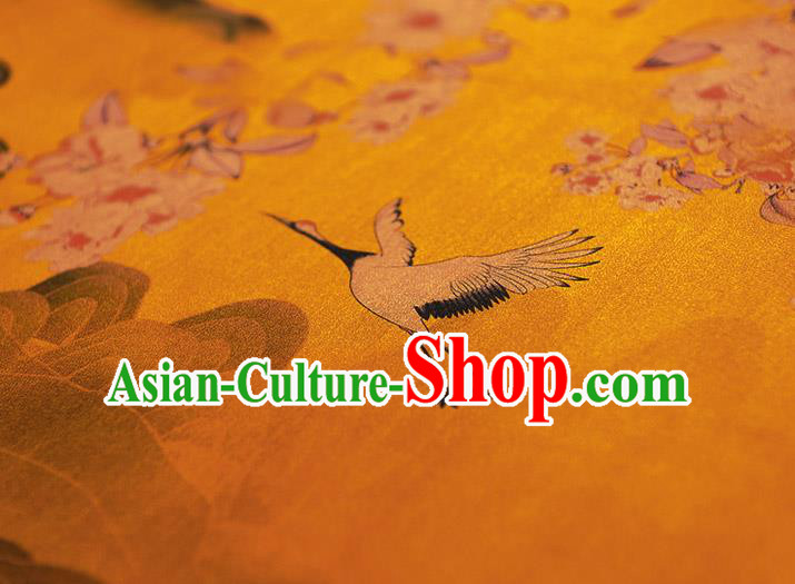 Chinese Cheongsam Cloth Classical Plum Crane Pattern Silk Fabric Traditional Yellow Gambiered Guangdong Gauze