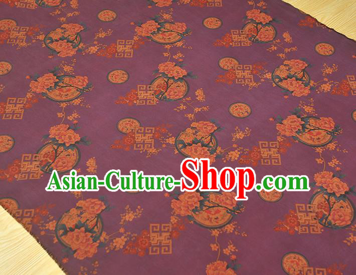 Chinese Purple Gambiered Guangdong Gauze Classical Plum Peony Pattern Silk Fabric Traditional Cheongsam Cloth