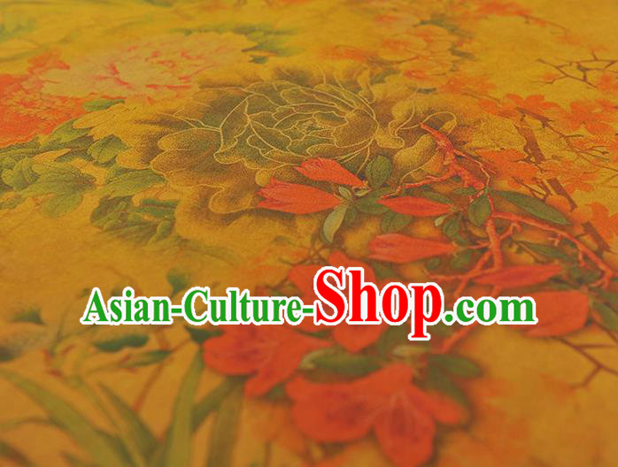 Chinese Traditional Cheongsam Yellow Cloth Silk Fabric Classical Peony Pattern Gambiered Guangdong Gauze