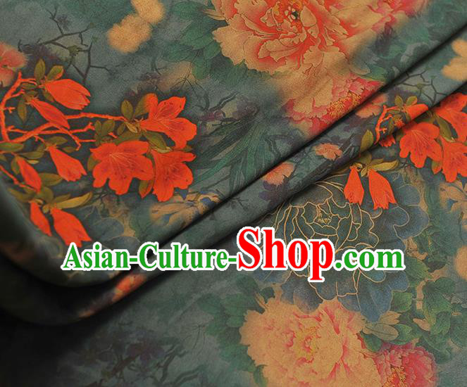 Chinese Dark Blue Silk Fabric Traditional Cheongsam Cloth Classical Peony Pattern Gambiered Guangdong Gauze