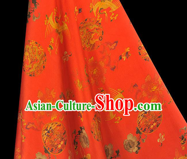 Chinese Red Gambiered Guangdong Gauze Classical Crane Dragon Pattern Silk Fabric Traditional Cheongsam Satin Cloth
