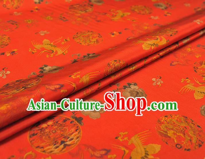 Chinese Red Gambiered Guangdong Gauze Classical Crane Dragon Pattern Silk Fabric Traditional Cheongsam Satin Cloth