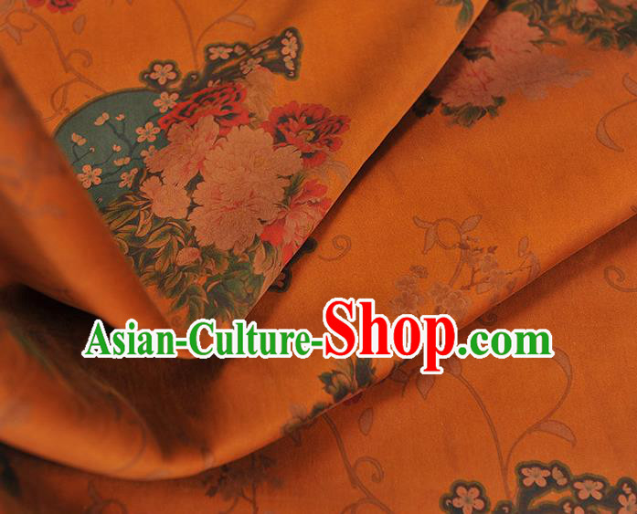 Chinese Orange Gambiered Guangdong Gauze Traditional Cheongsam Satin Cloth Classical Peony Plum Pattern Silk Fabric