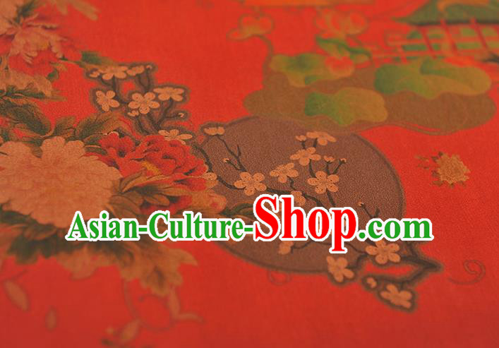 Chinese Traditional Cheongsam Satin Cloth Classical Peony Plum Pattern Silk Fabric Red Gambiered Guangdong Gauze