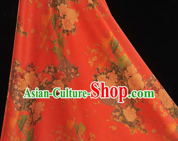 Chinese Traditional Cheongsam Satin Cloth Classical Peony Plum Pattern Silk Fabric Red Gambiered Guangdong Gauze