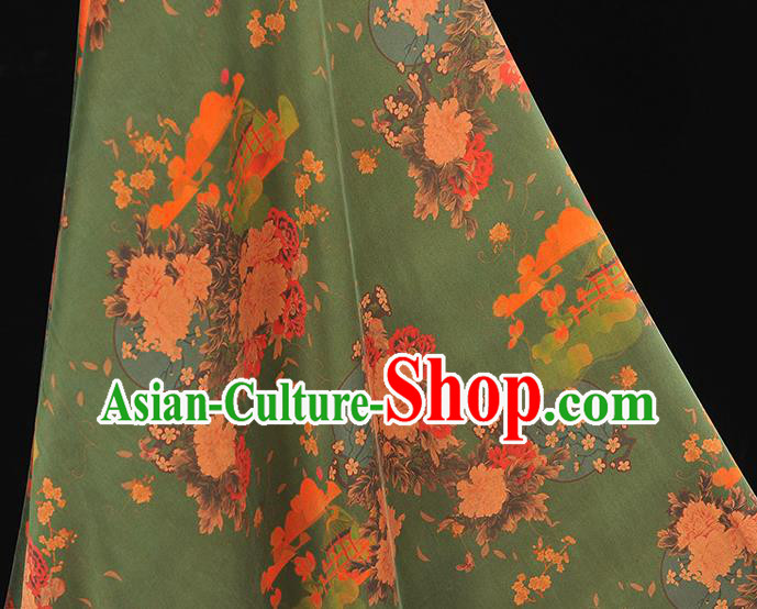 Chinese Classical Peony Plum Pattern Silk Fabric Gambiered Guangdong Gauze Traditional Cheongsam Green Satin Cloth