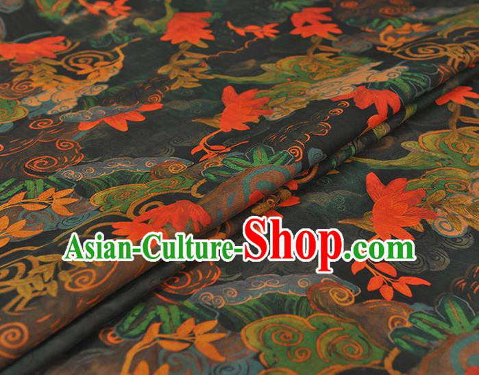 Chinese Traditional Black Silk Fabric Cheongsam Satin Cloth Classical Red Lotus Pattern Gambiered Guangdong Gauze